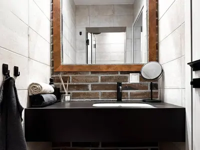 a bathroom with a sink and a mirror at 2BR by NDK - AC - Desk - Lux Interior - Balcony in Sofia