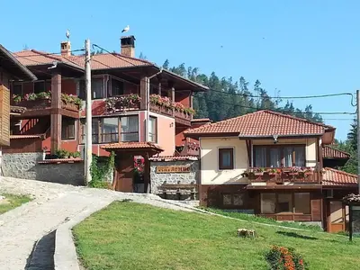 a house with a dog standing in front of it at Denis Guest house in Koprivshtitsa