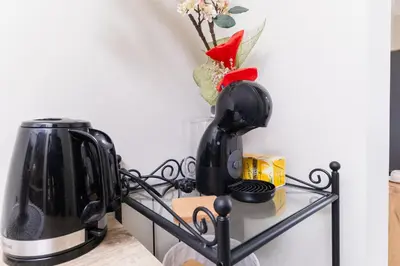 a black coffee maker on a shelf with a vase at City Center Studio Apartments in Plovdiv