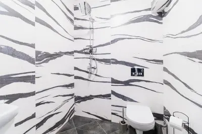 a bathroom with a black and white wall at City Center Studio Apartments in Plovdiv