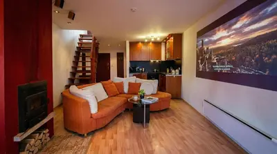 a living room with a couch and a television at South Facing Bright Mountain View Penthouse - 2 balconies, 300mbps WIFI, washer in Bansko