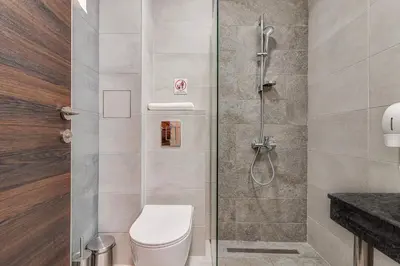 a bathroom with a toilet and a shower at Къща за гости Чудните Мостове in Zabŭrdo