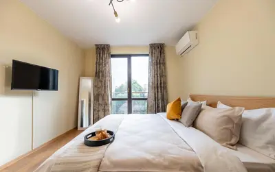 a bedroom with a large bed with a television on the wall at Three Lilies Apartments in Plovdiv