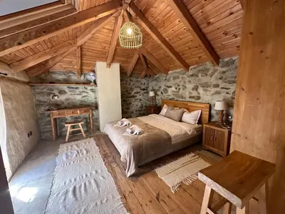 a bedroom with a bed and a desk with a dog on it at Подковите in Karlovo