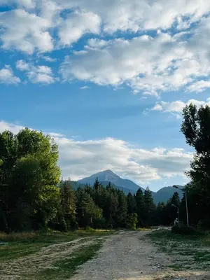 a dirt road with trees and mountains in the background at Bansko Royal Towers - Studio 856 in Bansko