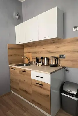 a kitchen with wooden cabinets and a sink at The Cozy Corner in Sofia