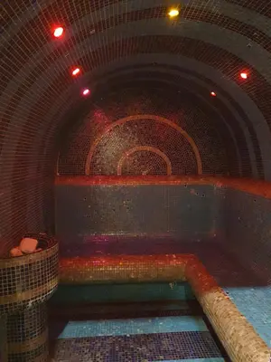 a swimming pool in a room with a brick wall at Apartment ZAX B7 in Terra Complex in Bansko