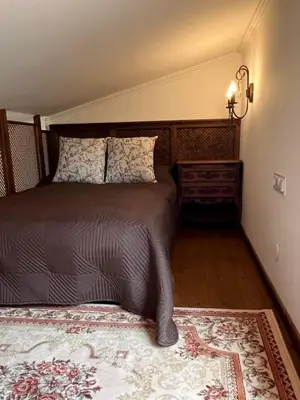 a bedroom with a bed and a rug at River's house, free parking! in Sofia