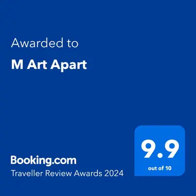 a blue text box with the words awarded to m art agent at M Art Apart in Sofia