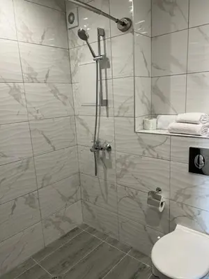 a bathroom with a shower stall with a toilet at Апартамент Комфорт, близо до Летището in Sofia