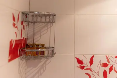 a shelf in a bathroom with some oils on a wall at Cozy Apart TOP Center AUBG Free Garage Parking in Blagoevgrad