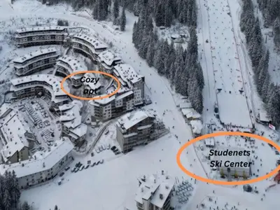 an aerial view of a ski center in the snow at COZY ski-to-door apartment, Monastery 3 complex in Pamporovo