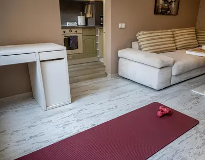 a living room with a red rug and a couch at Elegant spotless apartment in Sofia Center in Sofia