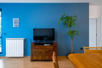 a blue room with a television on a wooden cabinet with a plant at Alla Prima - 1BD Flat in Sofia Centre by Flat Mаnager in Sofia