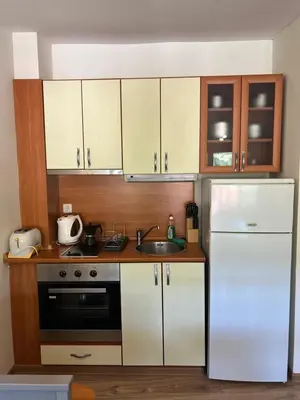 a kitchen with a white refrigerator and a sink at Alpine Nest: 6km to ski slopes in Beli Iskar