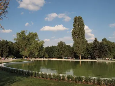 a large pond in a park with a tree at Apartment South Park - Louis Eyer in Sofia