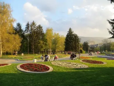 a park with a bunch of flowers in the grass at Apartment South Park - Louis Eyer in Sofia