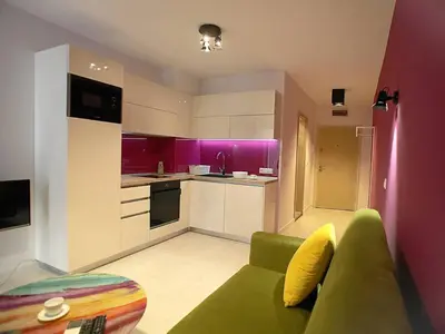 a living room with a green couch in a kitchen at Magenta Apartment with free WiFi in Sofia