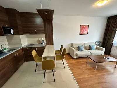a kitchen and living room with a stove in a room at Nice apartment in Belvedere Club in Bansko