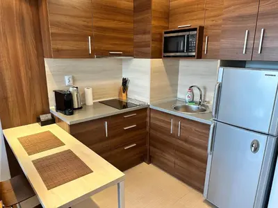 a small kitchen with wooden cabinets and a stainless steel refrigerator at Nice apartment in Belvedere Club in Bansko