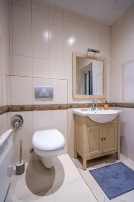 a bathroom with a toilet and a sink and a mirror at Stylish Stay - 2BDR, 2BTHR+ Free Parking in Sofia