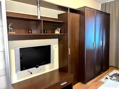 a living room with a tv and a entertainment center at Private Suite at Comfort Bansko in Bansko
