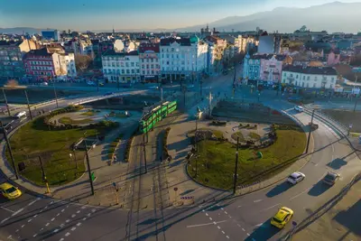 an aerial view of a city with cars on a street at Lily's Studio 5 by Bulgarentals - Central Sofia in Sofia