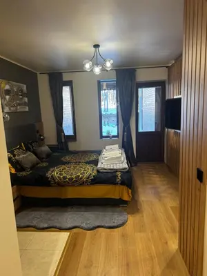 a bedroom with a bed and two windows at Avelov Art Studio in Pamporovo