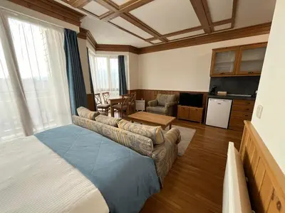 a living room with a couch and a kitchen at Pirin Golf Guest Room in Razlog