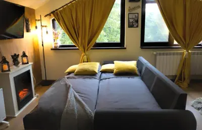 a living room with a couch and a fireplace at Borovets Dream Studio in Borovets