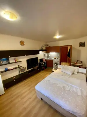 a bedroom with a large bed and a kitchen at Sofia Cozy Retreat in Sofia