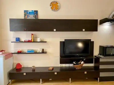 a living room with a tv on a wall at Sofia Cozy Retreat in Sofia