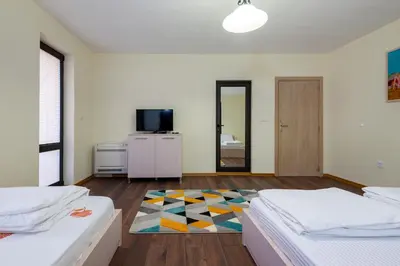 a bedroom with two beds and a tv and a mirror at ВИЛА МАРИНОВИ in Boykovo