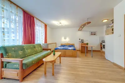 a living room with a couch and a bed at Cozy Studio in Hotel Laplandia, Pamporovo by Flat Mаnager in Pamporovo