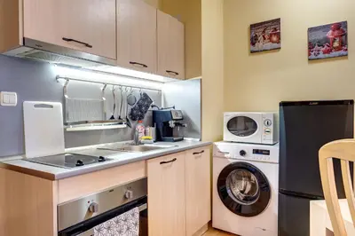 a small kitchen with a sink and a washer at 1BD Ski View Retreat in Pamporovo with Fireplace by Flat Mаnager in Pamporovo