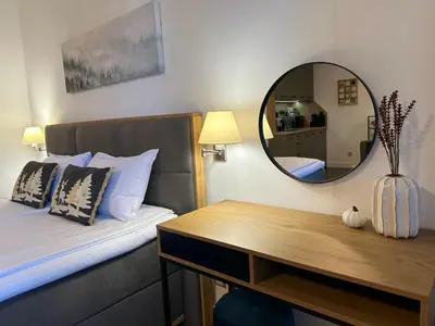 a bedroom with a bed with a mirror and a desk at Sana Ski apartment 313A in Flora, Borovets in Borovets