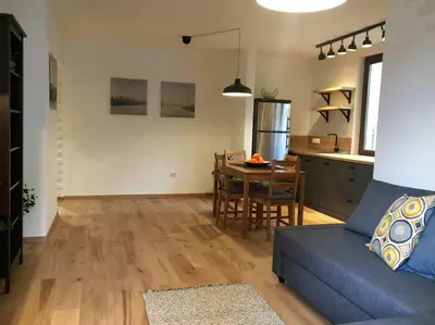 a living room with a blue couch and a table at 