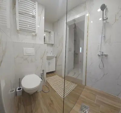 a bathroom with a toilet and a glass shower at Tsar Asen 21 in Sofia