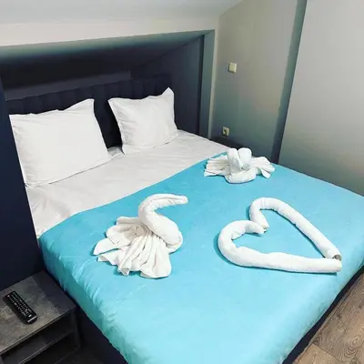 two swans made out of towels on a bed at Guesthouse The Rock in Sapareva Banya