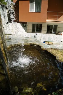 a water fountain in front of a building at Къща за гости Донука in Panichishte