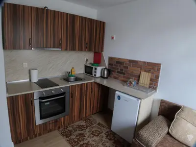 a small kitchen with a stove and a microwave at Flat Cedar Lodge 2min walk to gondola in Bansko