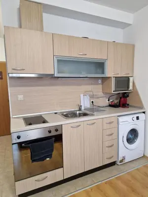 a kitchen with wooden cabinets and a sink and a dishwasher at Studio Maria in Bansko