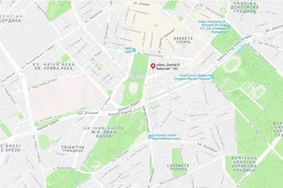 a map of a city with a red dot at Top Center Studio 5 in Sofia