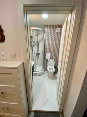 a small bathroom with a toilet and a shower at Stylish Magenta Apartment - terrace & free parking in Sofia