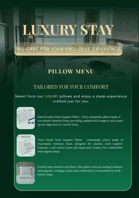 a flyer for a luxurious hotel room with a pillow menu at NEW High-End Designer 3BR Central Apt Free Parking in Sofia