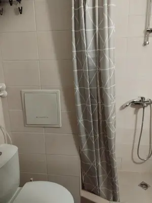 a bathroom with a shower curtain and a toilet at Predela 1 - Studio 04 near Bansko Ski Lift in Bansko