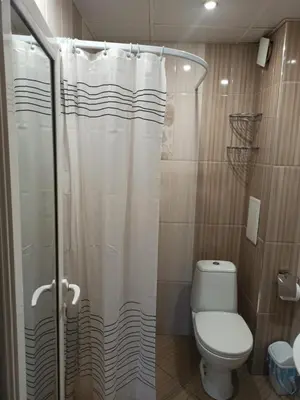a bathroom with a shower curtain and a toilet at Cozy & Delightful Apart & AUBG & Free Garage Parking in Blagoevgrad