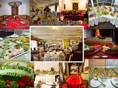 a collage of photos of a restaurant with tables and food at Apartments Hotel Snejanka Pamporovo in Pamporovo