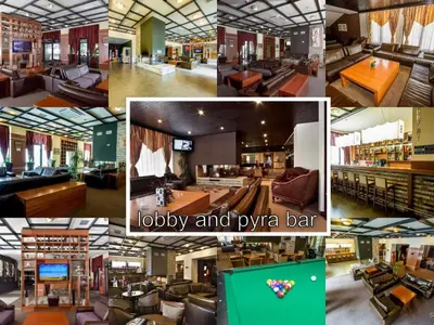 a collage of photos of a library and a tv bar at Apartments Hotel Snejanka Pamporovo in Pamporovo