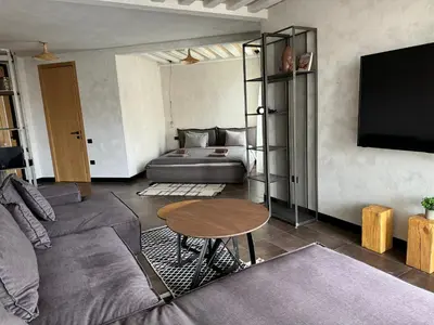 a living room with a couch and a table at Amuse Bouche by Skabrin in Bansko